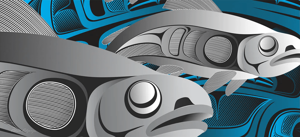 Alano Edzerza limited edition Blue Salmon Run, framed Art Works Gallery