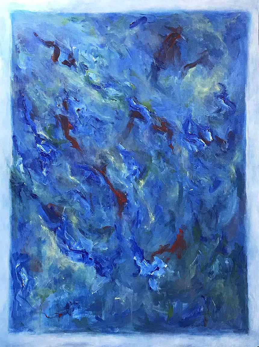 Gam zu l'tova — Expressive blue and navy abstract acrylic painting on canvas by Brian Gleckman, 48x36 inches, Art Works Gallery Vancouver BC