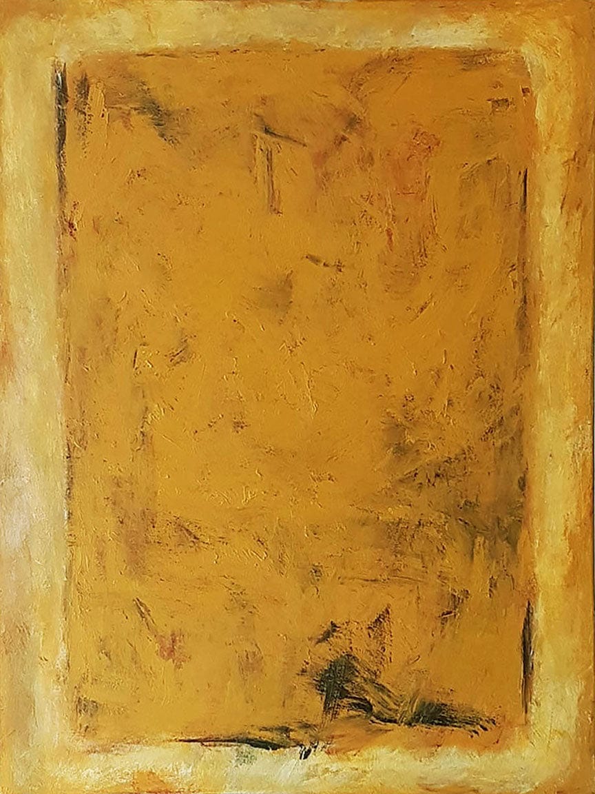 Golden Calf — Textured monochromatic yellow and gold abstract acrylic painting on canvas by Brian Gleckman, 40x30 inches, Art Works Gallery Vancouver BC