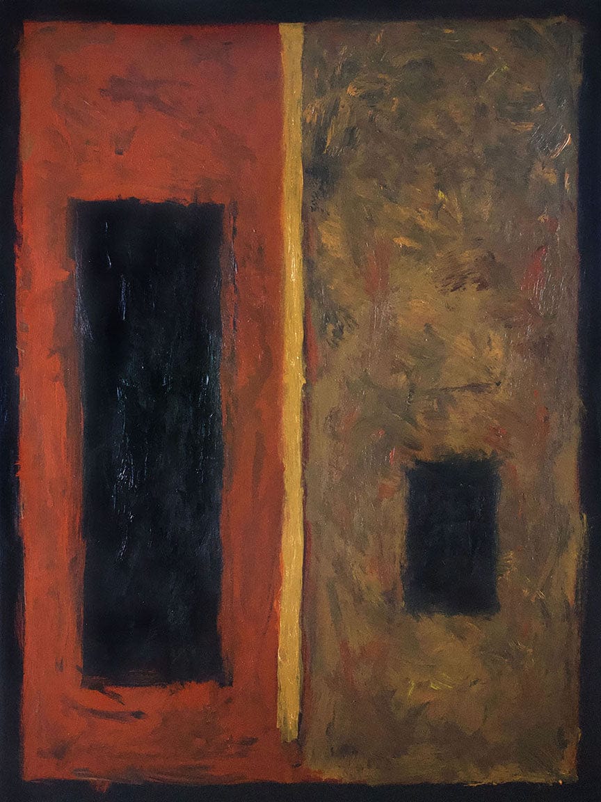 Yahrzeit.1 — Abstract acrylic painting on canvas with deep red, black, and textured brown panels by Brian Gleckman, 40x30 inches, Art Works Gallery Vancouver BC