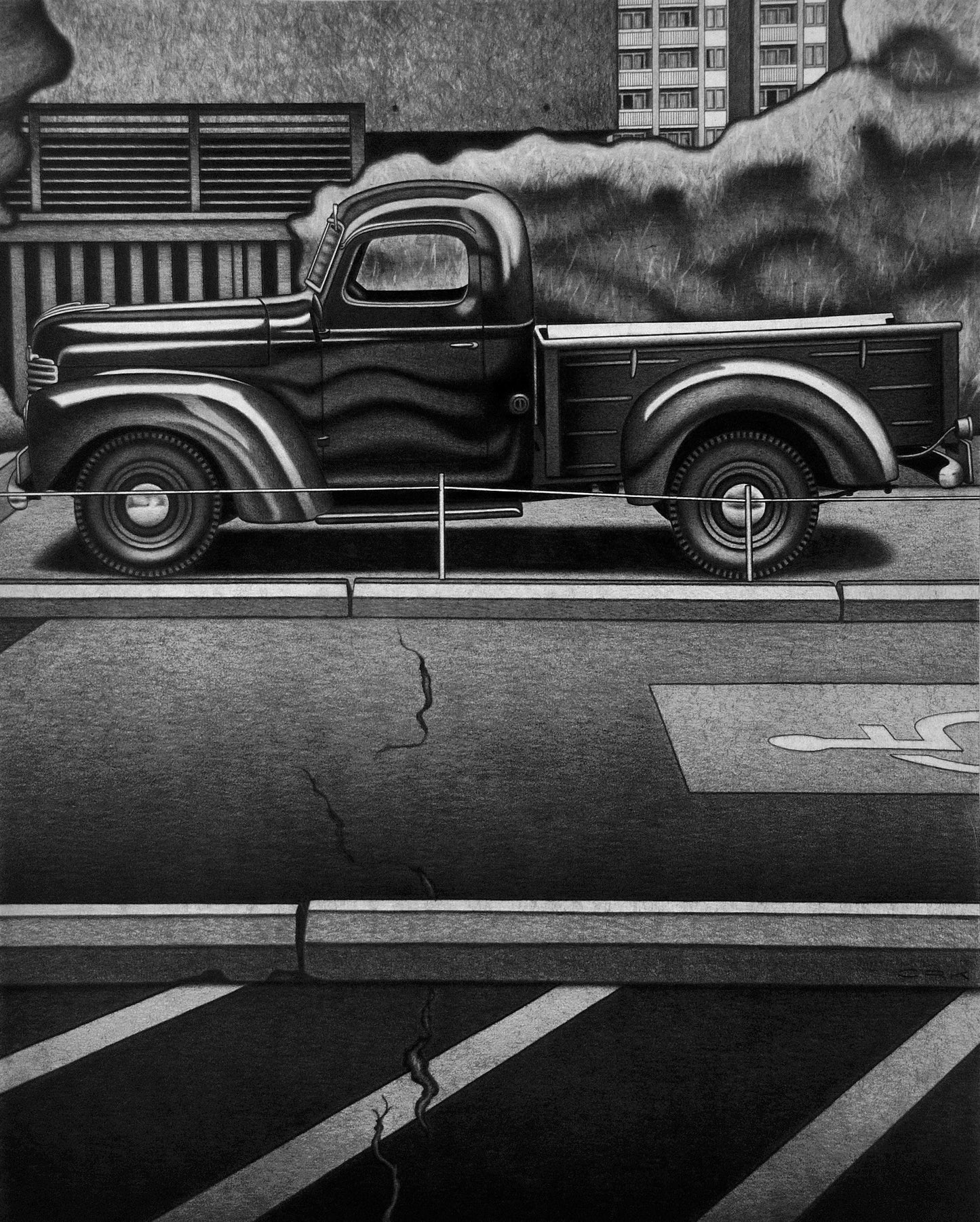 Charles Keillor drawing Pick-Up and Drop-Off Zone, framed Art Works Gallery