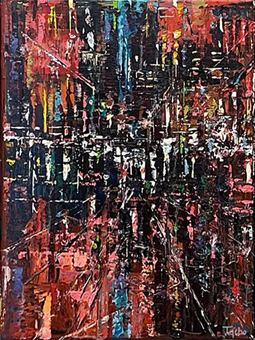 David Tycho painting City in Red, framed Art Works Gallery