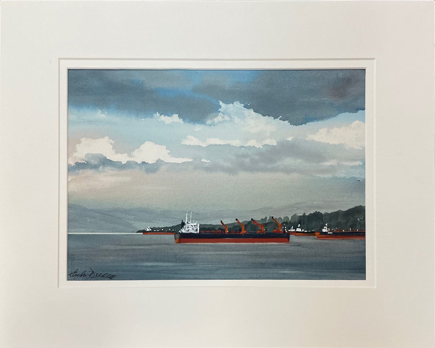 Enda Bardell painting Freighter Jam, English Bay Art Works Gallery