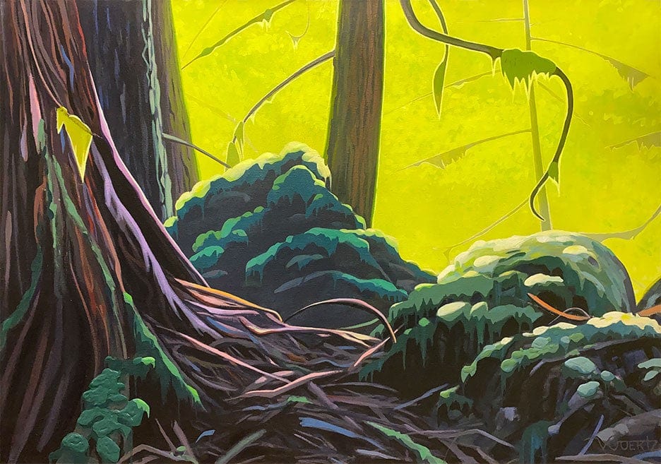Glow — Landscape acrylic painting of vibrant green ferns and sunlight hitting a forest floor in British Columbia by Victor Goertz, 35x50 inches, Art Works Gallery Vancouver BC