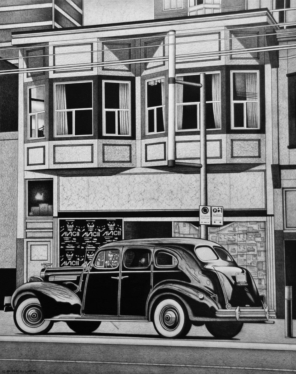 Charles Keillor drawing Packard on Granville Street Art Works Gallery