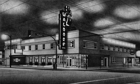 Charles Keillor drawing The Waldorf at Dusk, framed Art Works Gallery