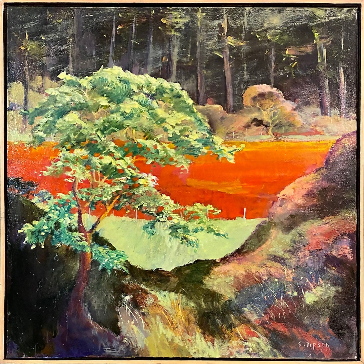 Vern Simpson painting Madrona with Red Field, framed Art Works Gallery