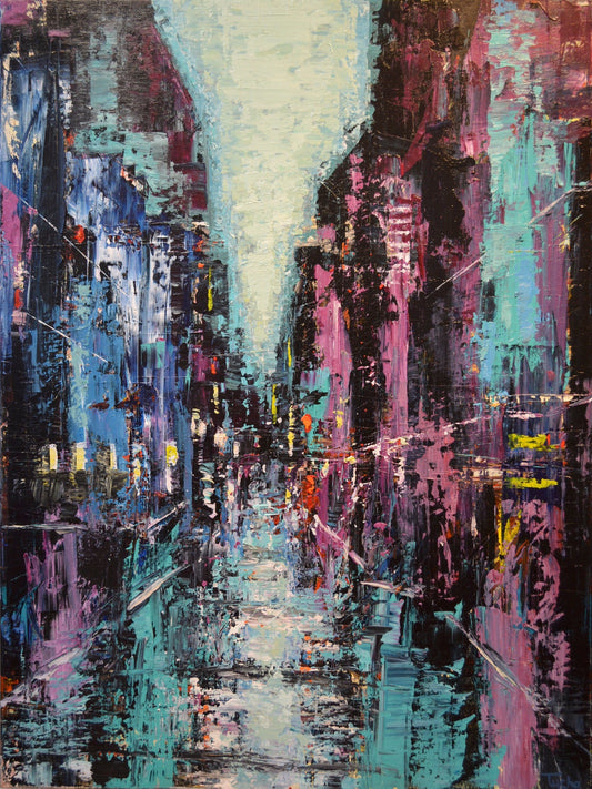 David Tycho painting City in Pink, Green and Blue, framed Art Works Gallery