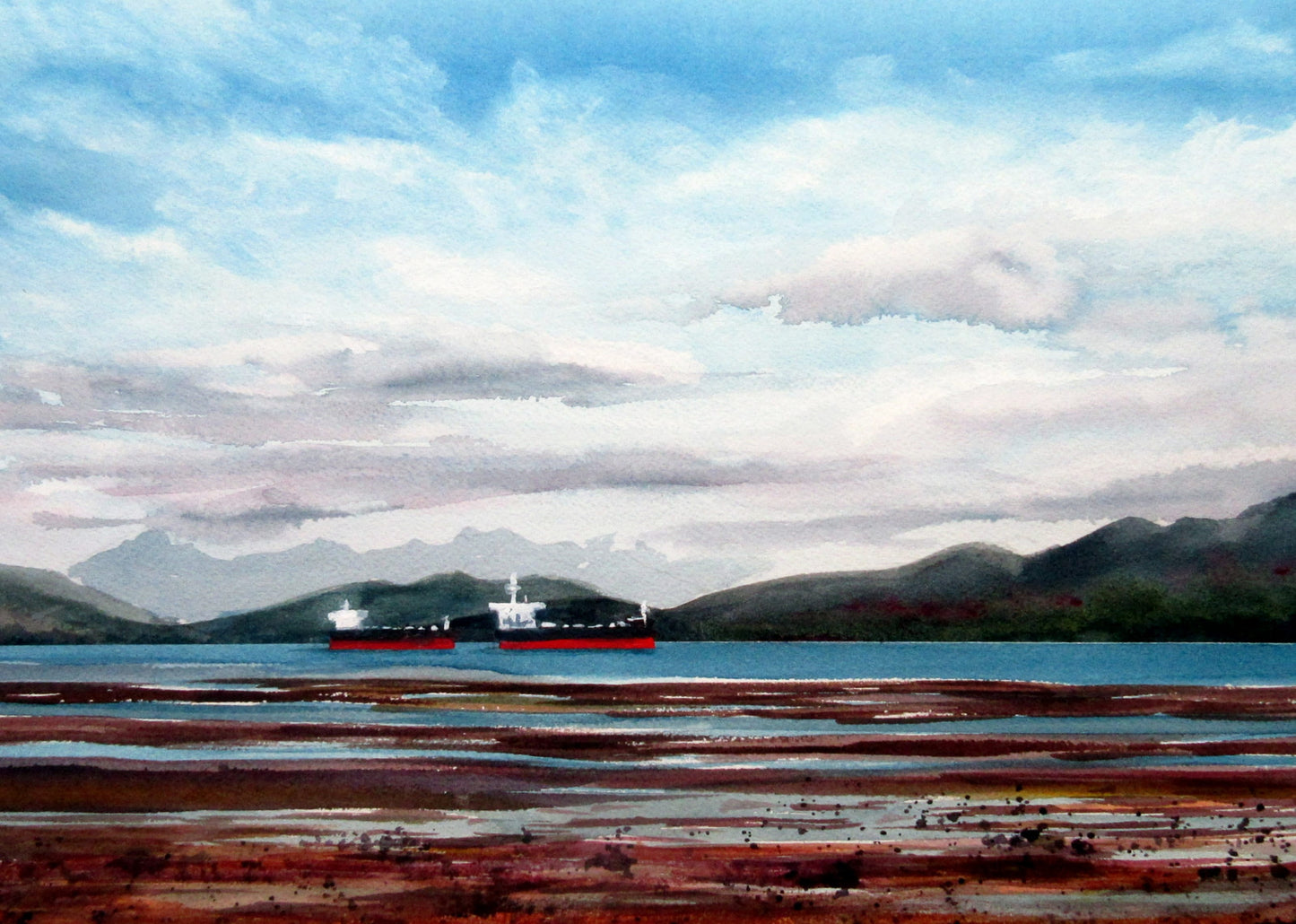 Enda Bardell painting FAR OUT, Spanish Banks, Vancouver, framed Art Works Gallery