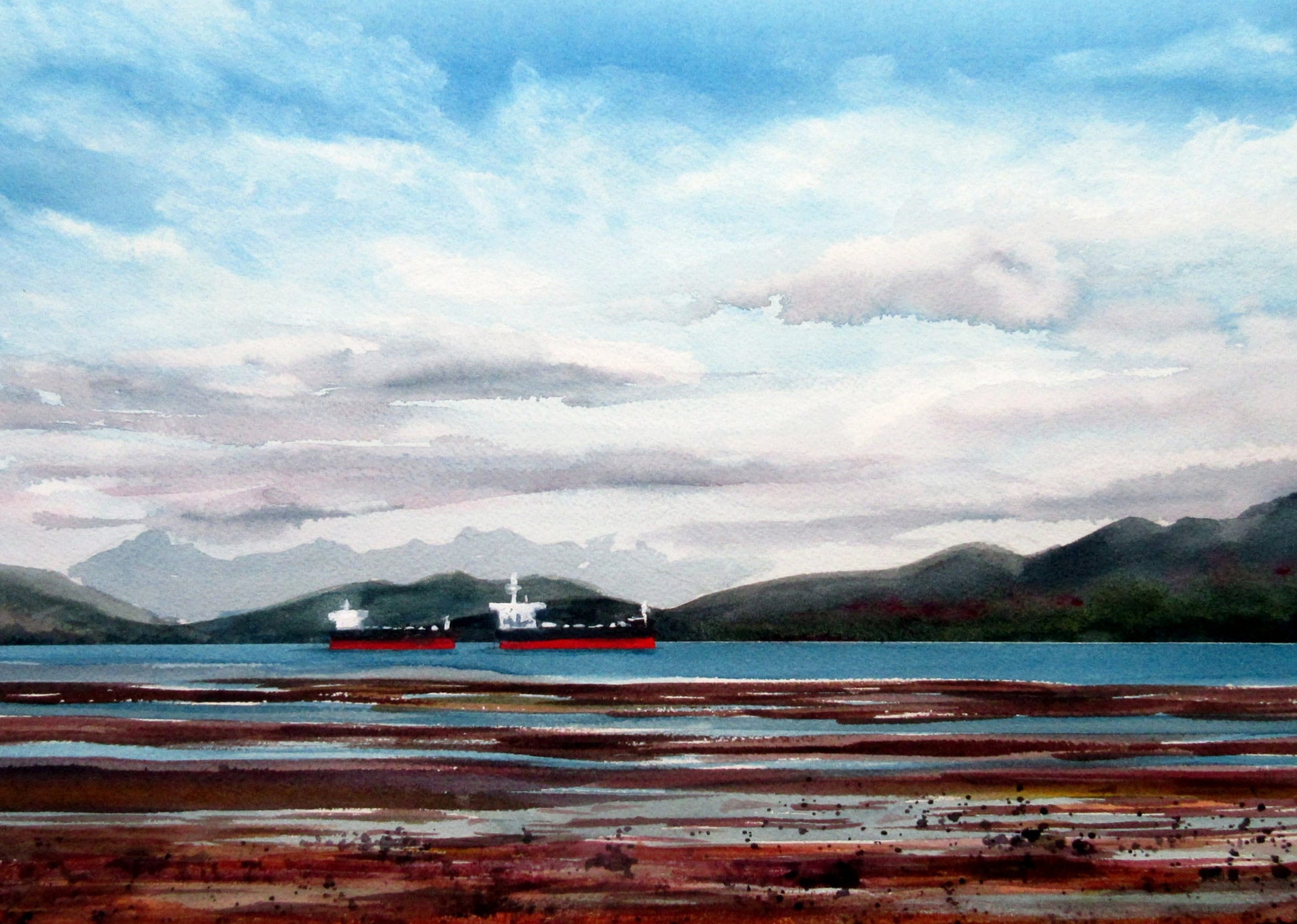 Enda Bardell painting FAR OUT, Spanish Banks, Vancouver, framed Art Works Gallery