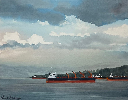 Enda Bardell painting Freighter Jam, English Bay Art Works Gallery