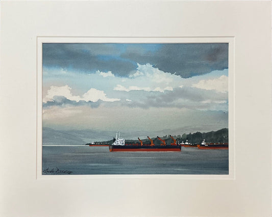Enda Bardell painting Freighter Jam, English Bay Art Works Gallery