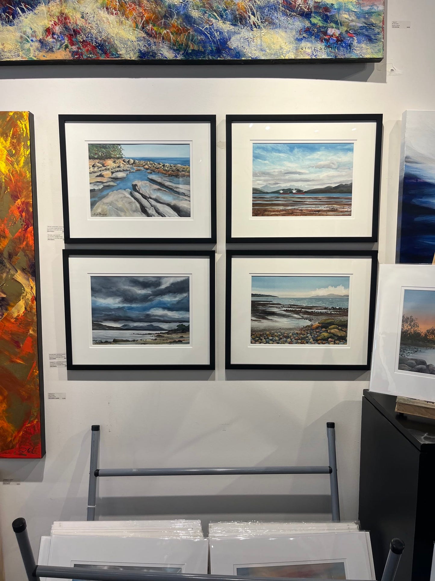 Enda Bardell painting PROBABILITY, Locarno Beach, Vancouver, framed Art Works Gallery