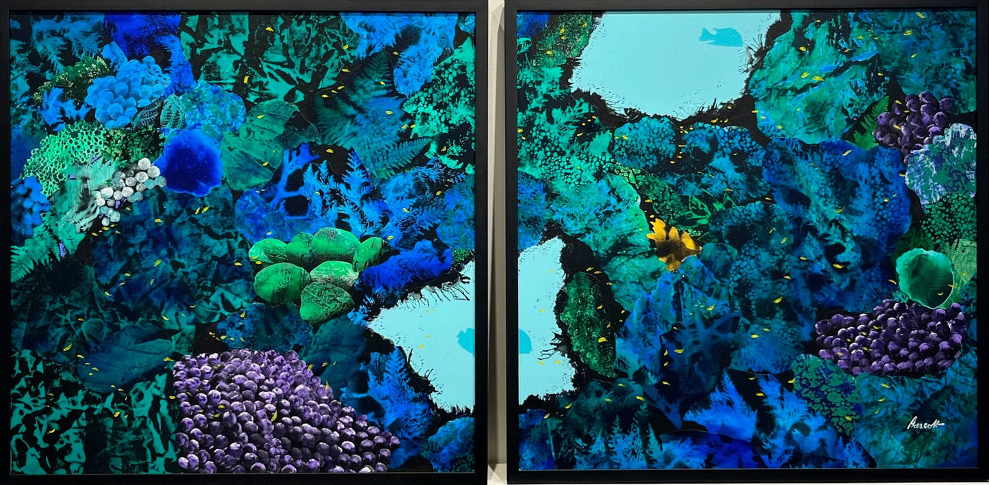 Ken Prescott painting Reef Piece diptych, framed Art Works Gallery