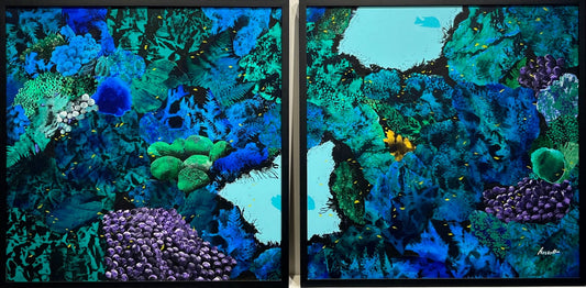Ken Prescott painting Reef Piece diptych, framed Art Works Gallery