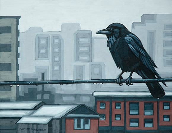 Maxine Wolodko painting Crow in the Rain Art Works Gallery