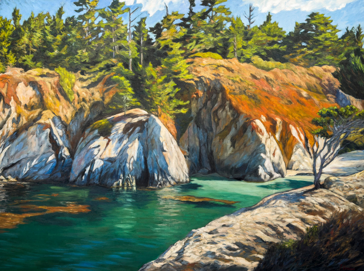 Robert Florian painting China cove revisited - Point Lobos state reserve, Monterey, California. Art Works Gallery