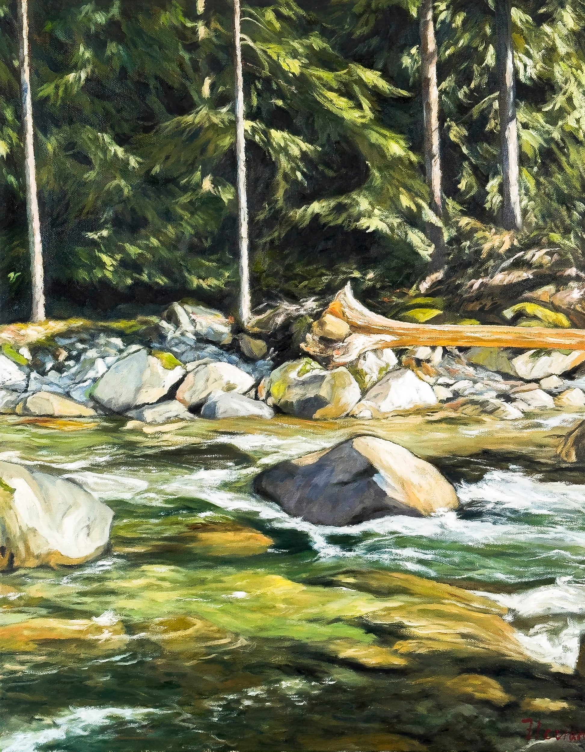 Robert Florian painting The Sound of Shadows - Seymour River, North Vancouver, B.C. Art Works Gallery