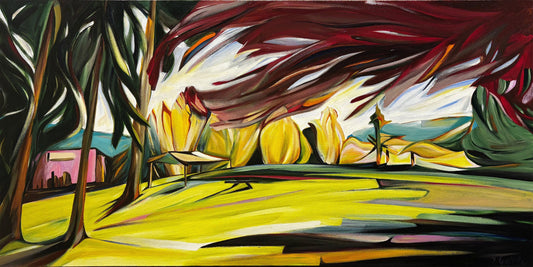 Sharon Quirke painting Ruby Shadow - Cherry Tree in John Lawson Park Art Works Gallery