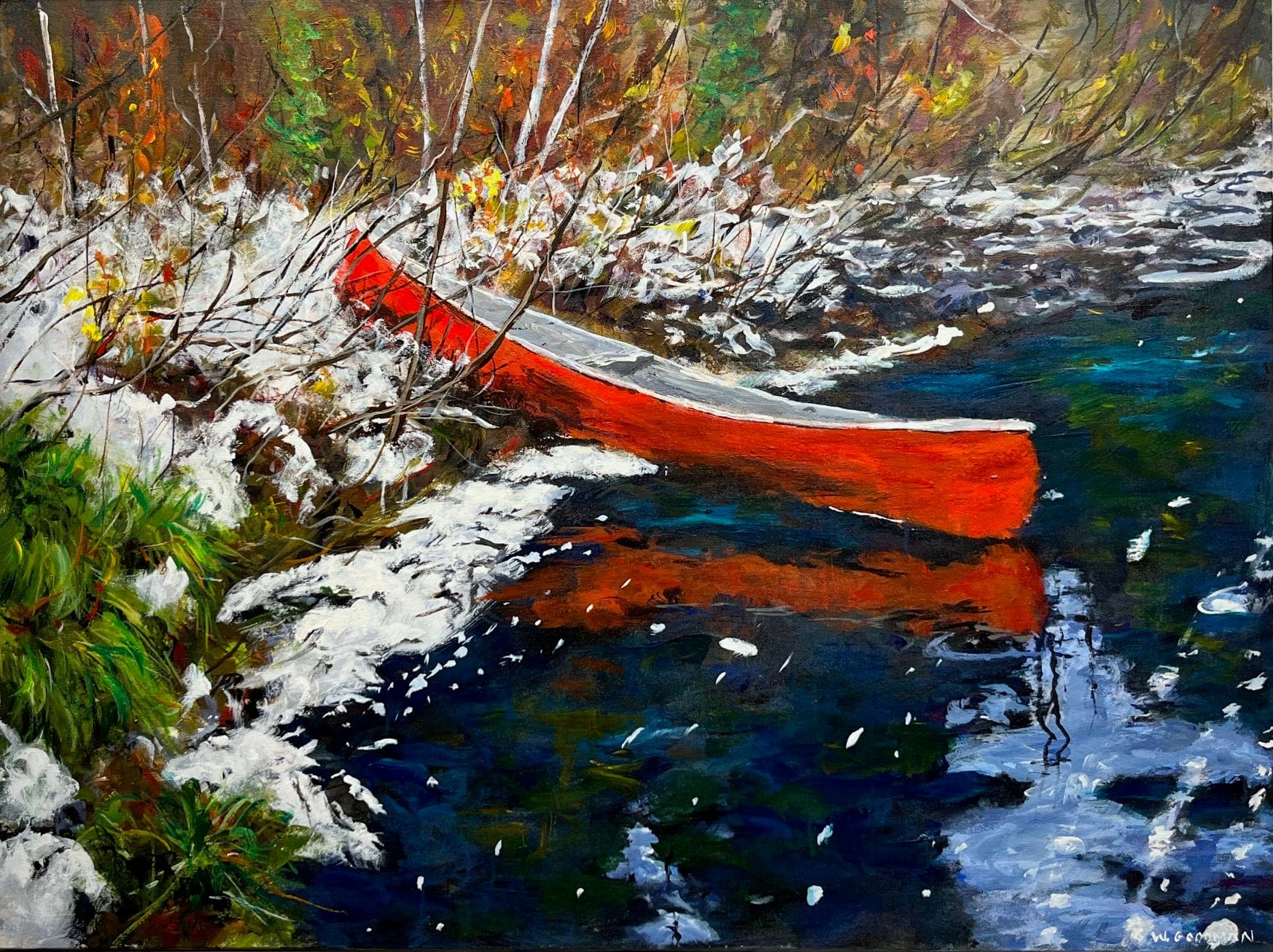 Warren Goodman painting Canoe on the Meziadin Art Works Gallery