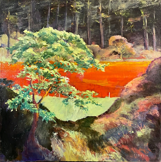 Vern Simpson painting Madrona with Red Field, framed Art Works Gallery