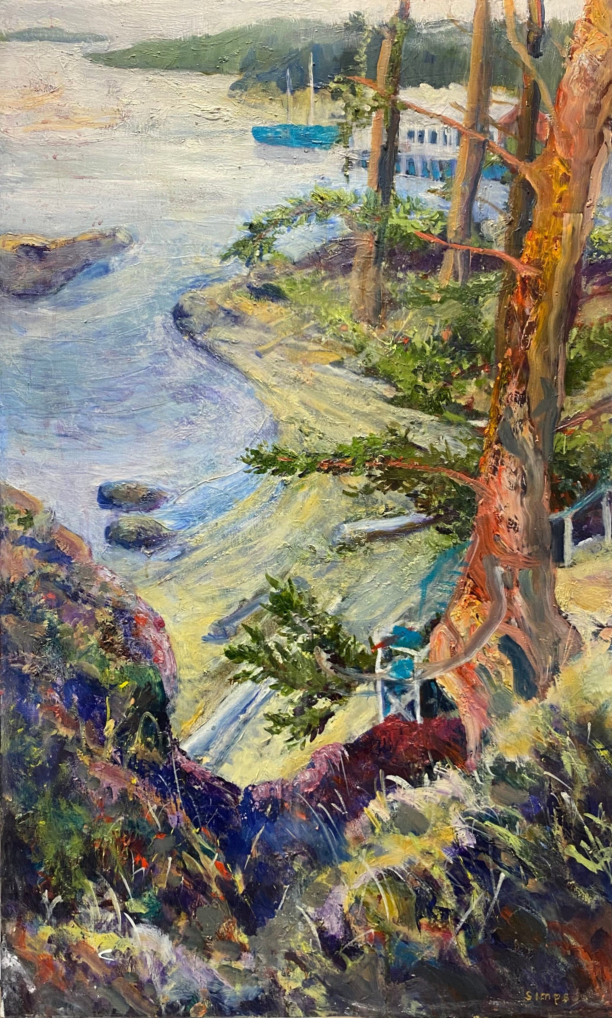 Vern Simpson painting Secret Beach at Welcome Bay Art Works Gallery